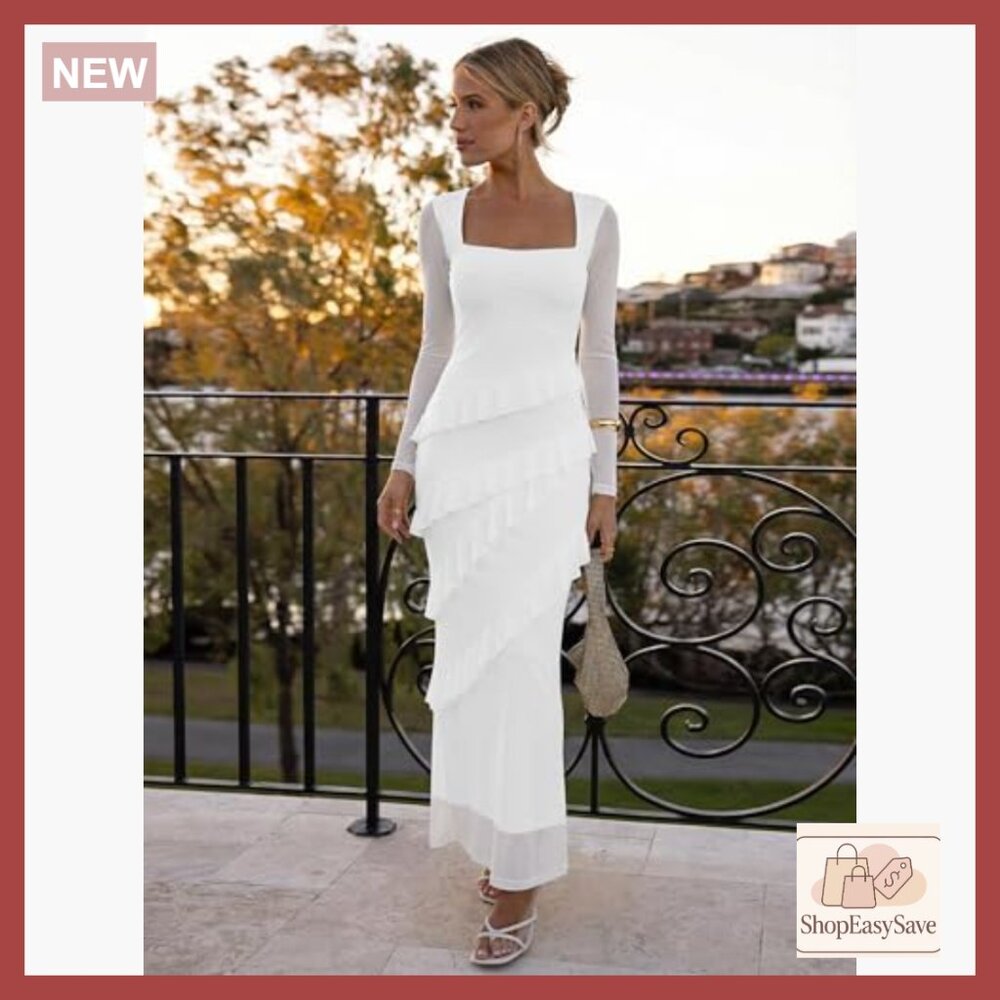 Sexy Ruched Bodycon Long Sleeve Square Neck Ruffle Maxi Dress Elegant Party Wear - Picture 4 of 6